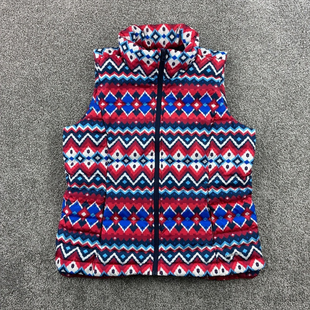 Lands' End Puffer Vest Youth M 10-12 Red Fair Isle Down Quilted Zip Nordic